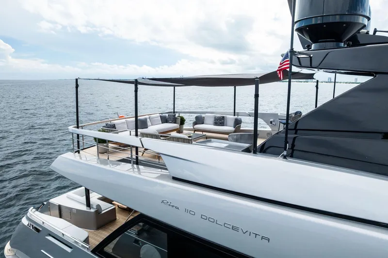 Riva Royale Yacht Photos Pics Luxurious 2023 Riva 110' Dolcevita yacht with elegant deck seating on open water.