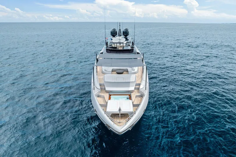 Riva Royale Yacht Photos Pics 2023 Riva 110' Dolcevita luxury yacht on open sea, aerial view.