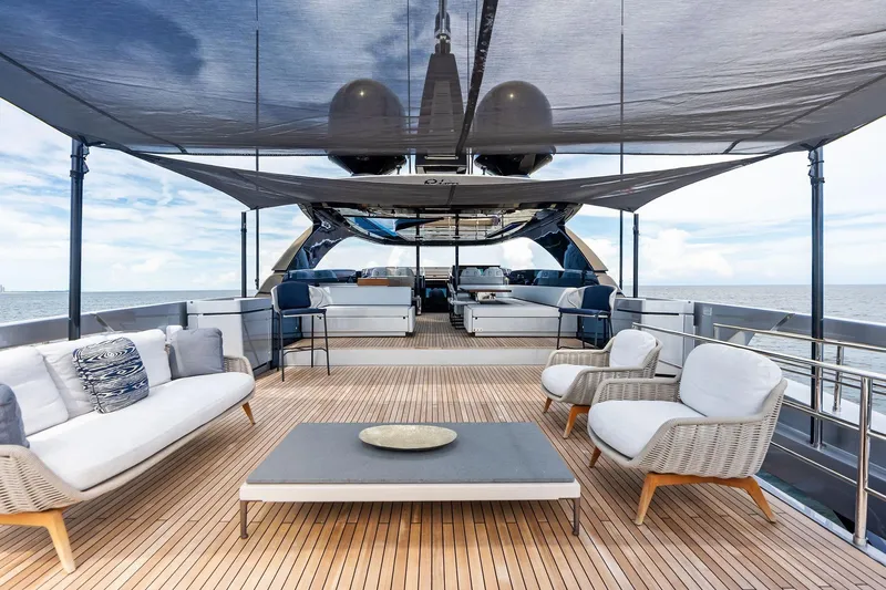 Riva Royale Yacht Photos Pics Luxurious 2023 Riva 110' Dolcevita yacht deck with elegant seating and ocean view.