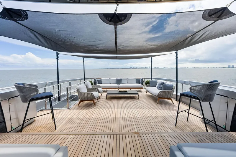 Riva Royale Yacht Photos Pics Luxurious deck of 2023 Riva 110' Dolcevita yacht with elegant seating and ocean view.