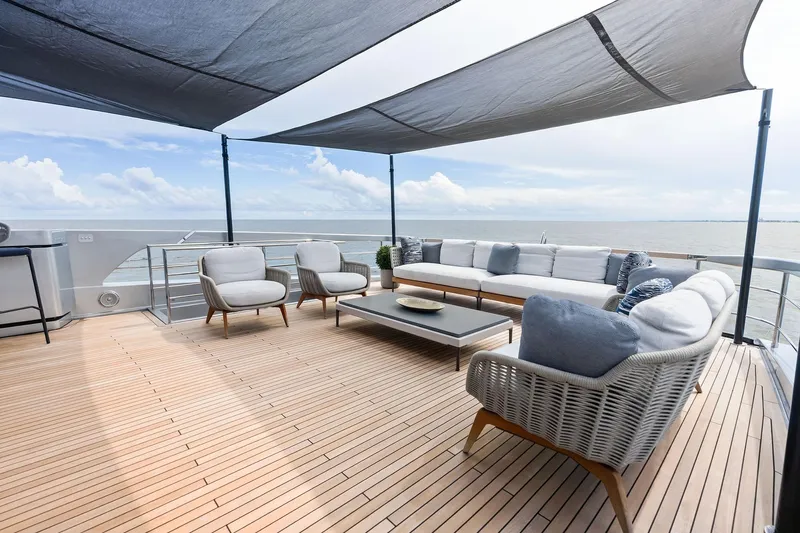 Riva Royale Yacht Photos Pics Luxurious deck of 2023 Riva 110' Dolcevita yacht with elegant seating and ocean view.