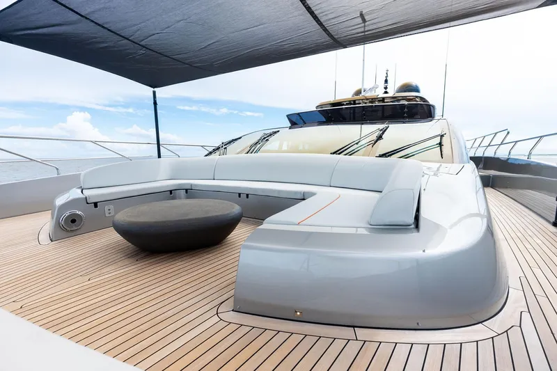 Riva Royale Yacht Photos Pics Luxurious deck of 2023 Riva 110' Dolcevita yacht with modern seating and sleek design.