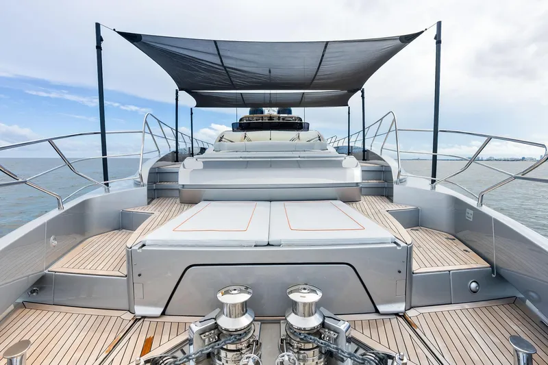 Riva Royale Yacht Photos Pics Luxury 2023 Riva 110' Dolcevita yacht deck with sleek design and ocean view.