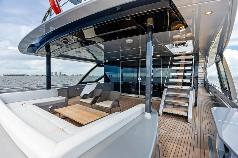 Riva Royale Yacht Photos Pics Luxurious 2023 Riva 110' Dolcevita yacht deck with modern seating and ocean view.