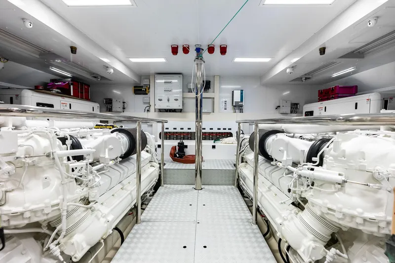 Riva Royale Yacht Photos Pics Engine room of 2023 Riva 110' Dolcevita yacht, featuring advanced machinery and equipment.