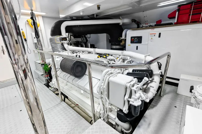 Riva Royale Yacht Photos Pics Engine room of 2023 Riva 110' Dolcevita yacht, featuring advanced machinery and equipment.