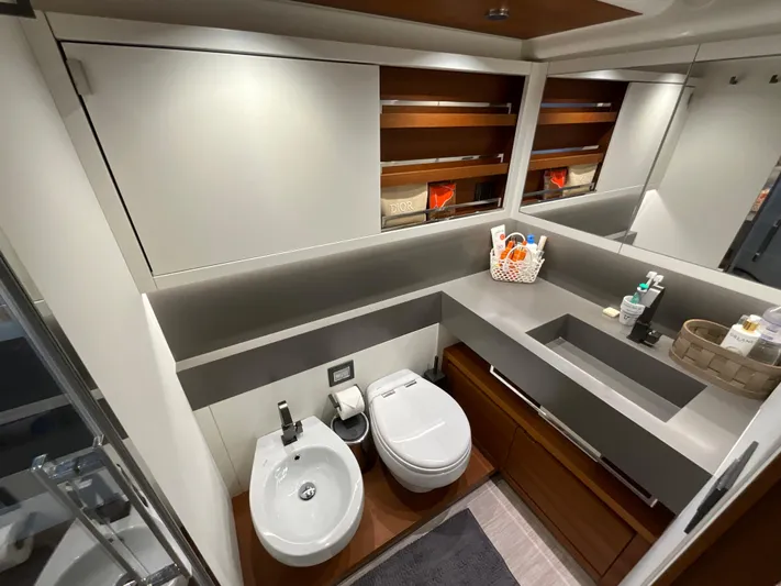  Yacht Photos Pics Luxurious bathroom in 2020 Pardo Yachts 60 E with modern fixtures and elegant design.