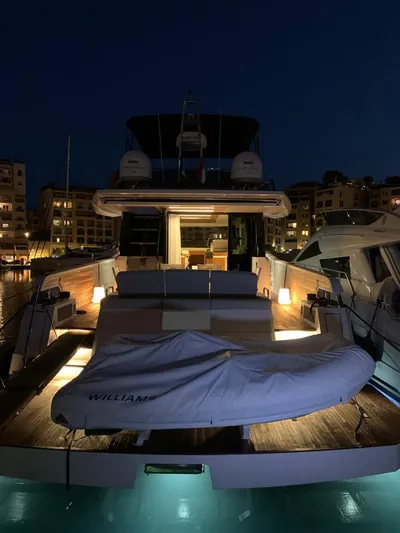  Yacht Photos Pics Luxury Pardo Yachts 60 E, 2020 model, docked at night with ambient lighting.