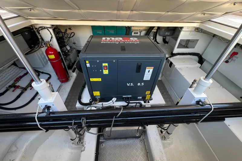  Yacht Photos Pics Engine room of 2024 Wally Tender 43 X with generator and fire extinguisher.