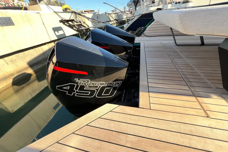  Yacht Photos Pics 2024 Wally Tender 43 X with powerful Racing 450 engines docked at marina.