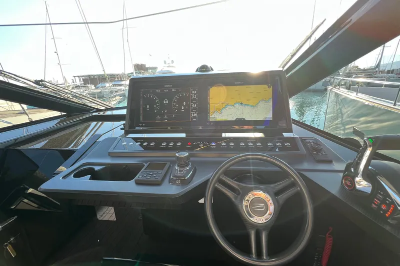  Yacht Photos Pics Cockpit of 2024 Wally Tender 43 X with advanced navigation system and steering wheel.