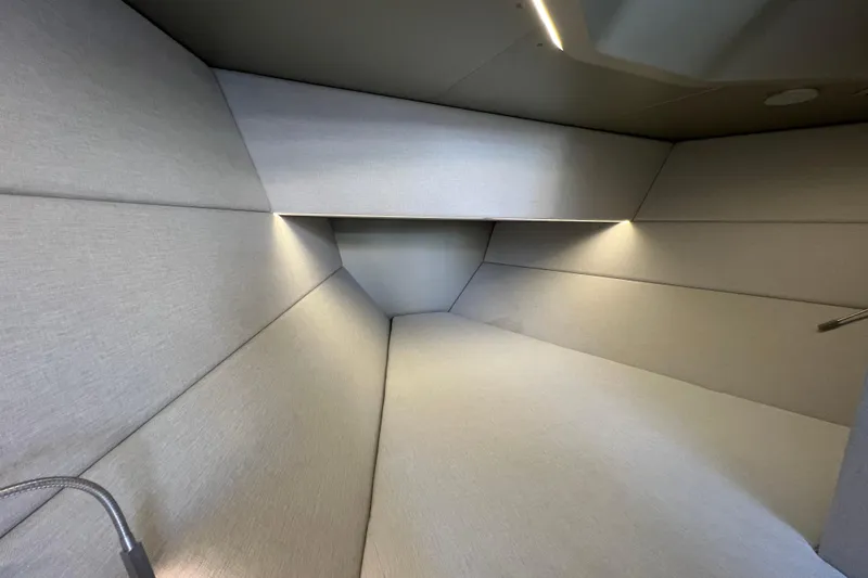  Yacht Photos Pics Interior cabin of 2024 Wally Tender 43 X, featuring modern design and ambient lighting.