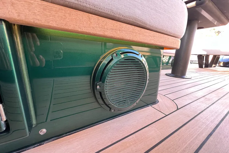  Yacht Photos Pics 2024 Wally Tender 43 X boat interior with speaker and wooden deck.