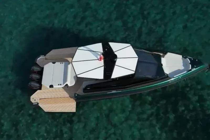  Yacht Photos Pics Aerial view of 2024 Wally Tender 43 X yacht on clear water.