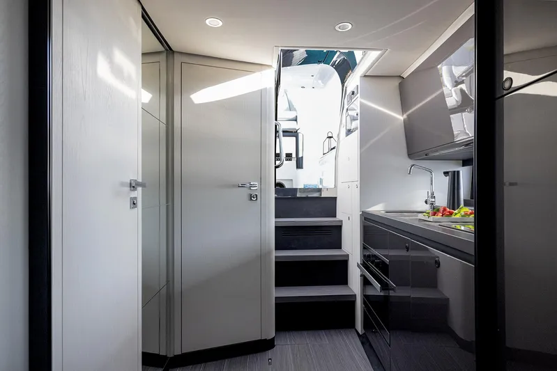 Yacht Photos Pics Interior of 2025 Azimut Verve 42 yacht, featuring modern kitchen and sleek design.