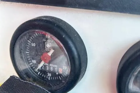 Nonna Yacht Photos Pics Close-up of Jeanneau Deck Salon 43 engine hour meter, showing 2381 hours.