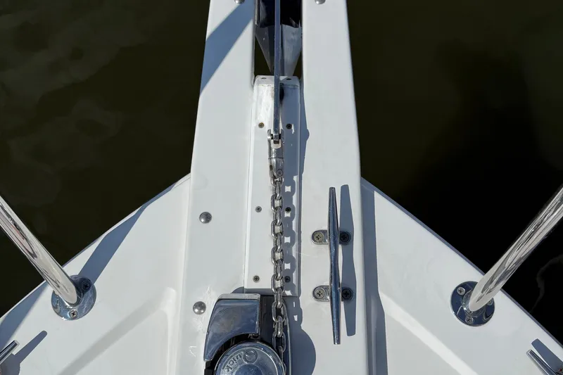 Eventide Yacht Photos Pics Bow of 2007 Back Cove 29 boat with anchor chain and cleat.