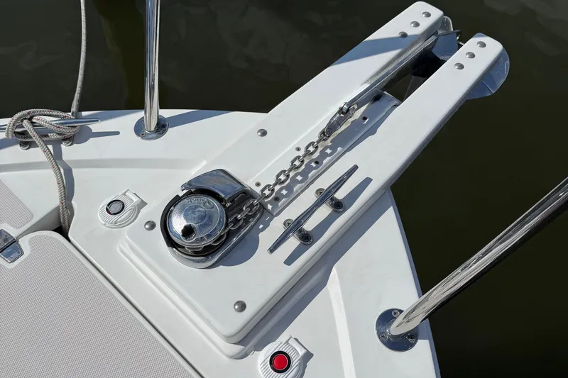 Eventide Yacht Photos Pics Bow of 2007 Back Cove 29 boat with anchor chain and cleat.