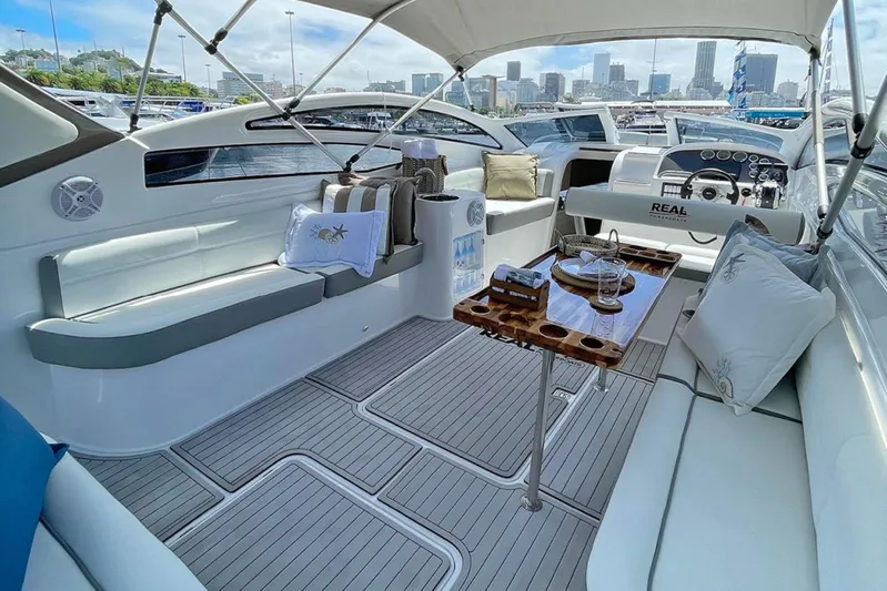 Yacht Photos Pics Luxurious 2023 Real 35 Special Deck (SD) yacht interior with city skyline view.