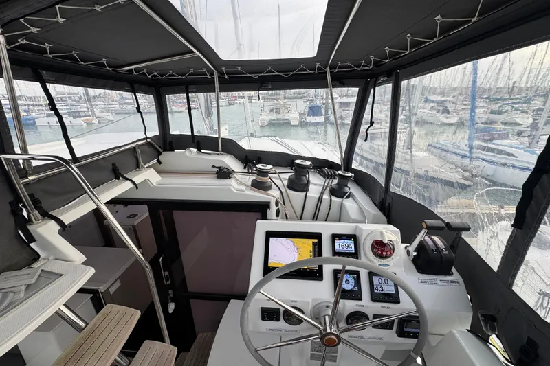 Lupa Di Mare Yacht Photos Pics Cockpit view of 2021 Fountaine Pajot Saona 47 catamaran with navigation equipment.