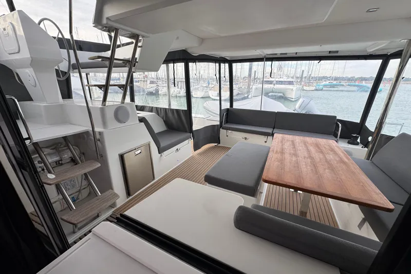 Lupa Di Mare Yacht Photos Pics Spacious 2021 Fountaine Pajot Saona 47 yacht interior with seating and dining area.
