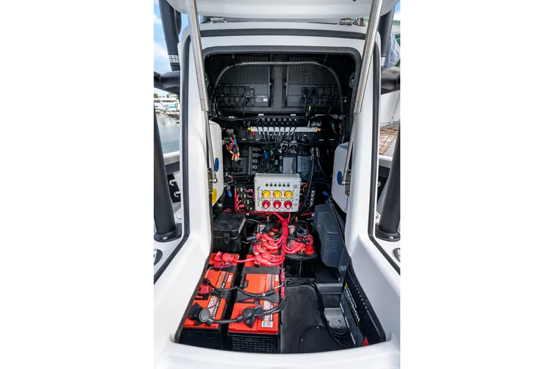  Yacht Photos Pics 2024 Yellowfin 26 Hybrid boat electrical system with batteries and wiring.