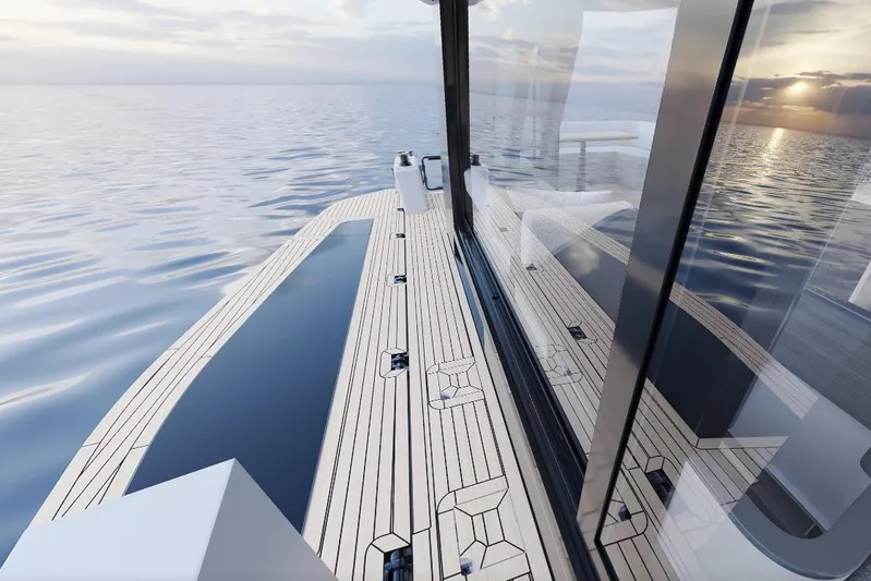  Yacht Photos Pics Luxurious 2027 Galeon Yachts 520 FLY deck with ocean view at sunset.