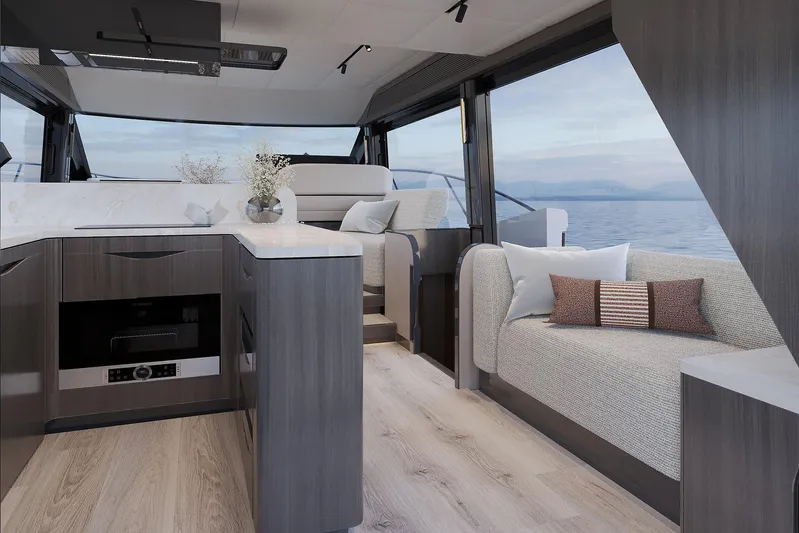  Yacht Photos Pics Luxurious interior of 2027 Galeon Yachts 520 FLY with modern design and ocean view.