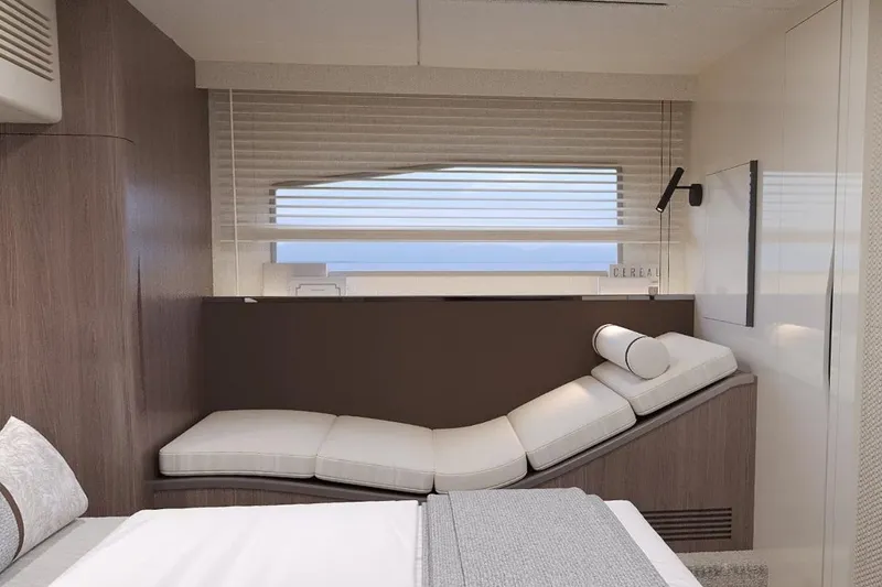 Yacht Photos Pics Luxurious interior of 2027 Galeon Yachts 520 FLY with modern seating and window view.