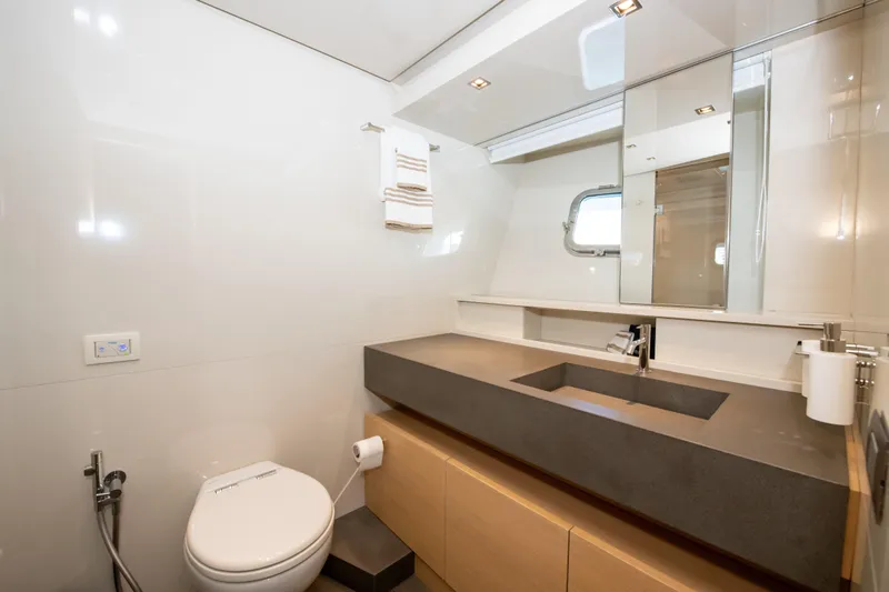 Seasun Yacht Photos Pics Luxurious bathroom in 2016 Sanlorenzo SL86 yacht with modern fixtures and sleek design.