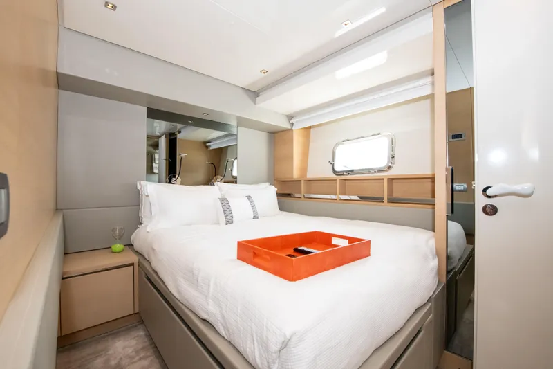 Seasun Yacht Photos Pics Luxurious bedroom interior of 2016 Sanlorenzo SL86 yacht with modern design elements.