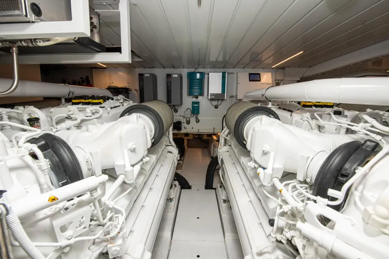 Seasun Yacht Photos Pics Engine room of 2016 Sanlorenzo SL86 yacht, showcasing dual engines and mechanical systems.
