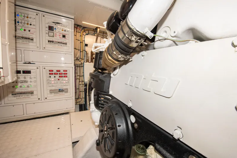 Seasun Yacht Photos Pics Engine room of 2016 Sanlorenzo SL86 yacht with MTU engine and control panels.