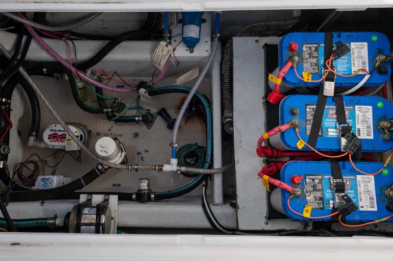 Challenger Yacht Photos Pics Engine compartment of 2021 NorthCoast 315 HT with batteries and wiring.