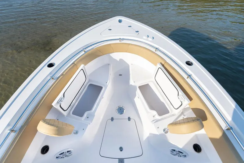  Yacht Photos Pics Manufacturer Provided Image: 2025 Sportsman Open 252 Center Console boat with open storage compartments.