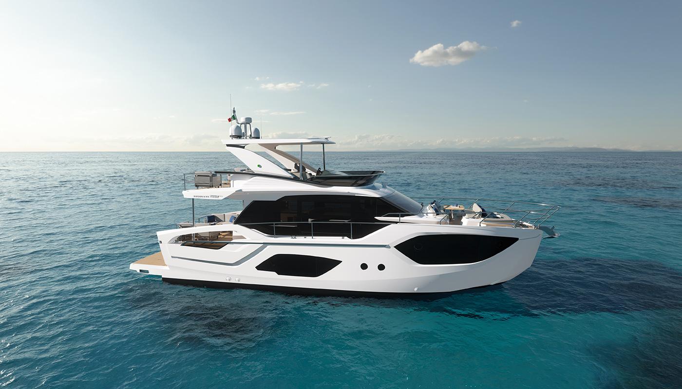 Luxury Absolute 52 FLY yacht, 2025 model, cruising on clear blue ocean waters.