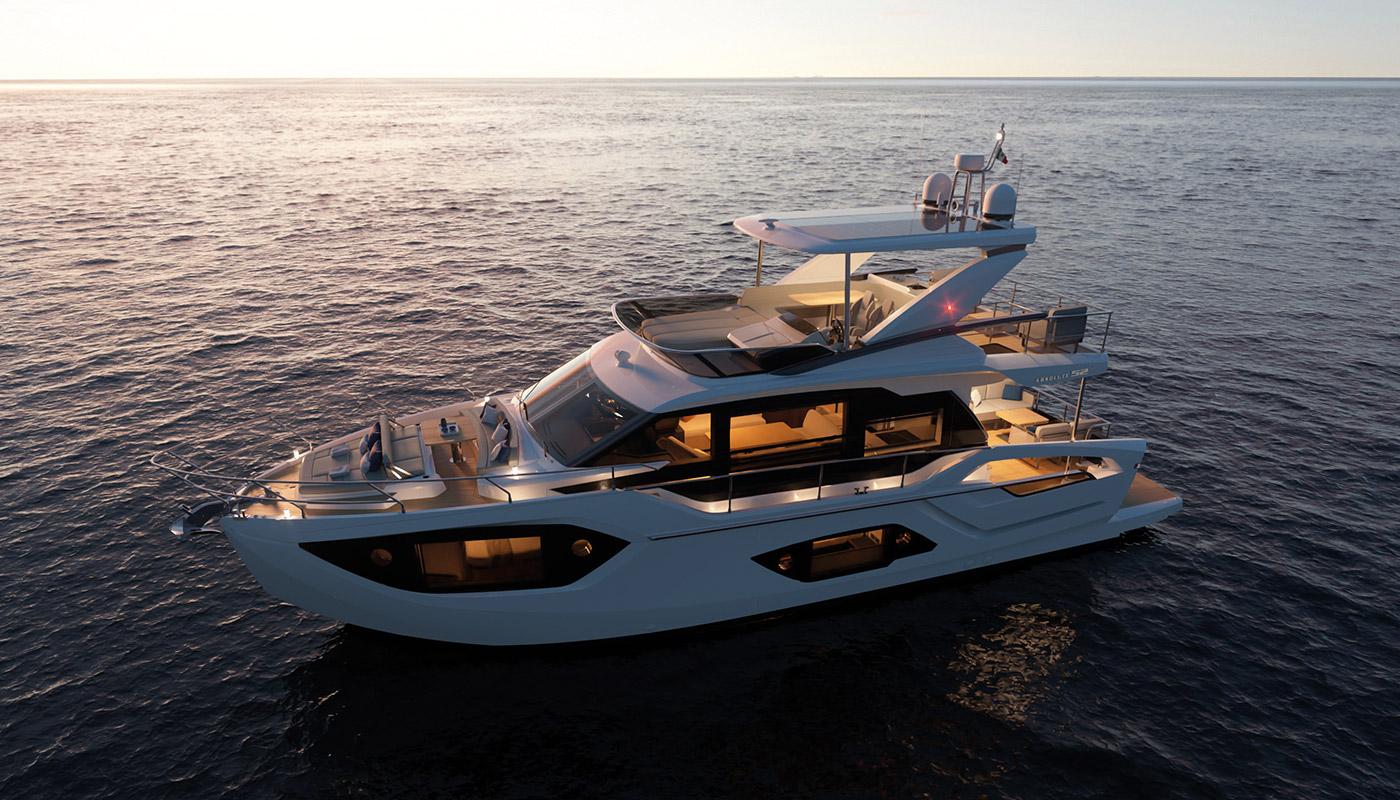 Luxurious 2025 Absolute 52 FLY yacht cruising at sunset on open water.