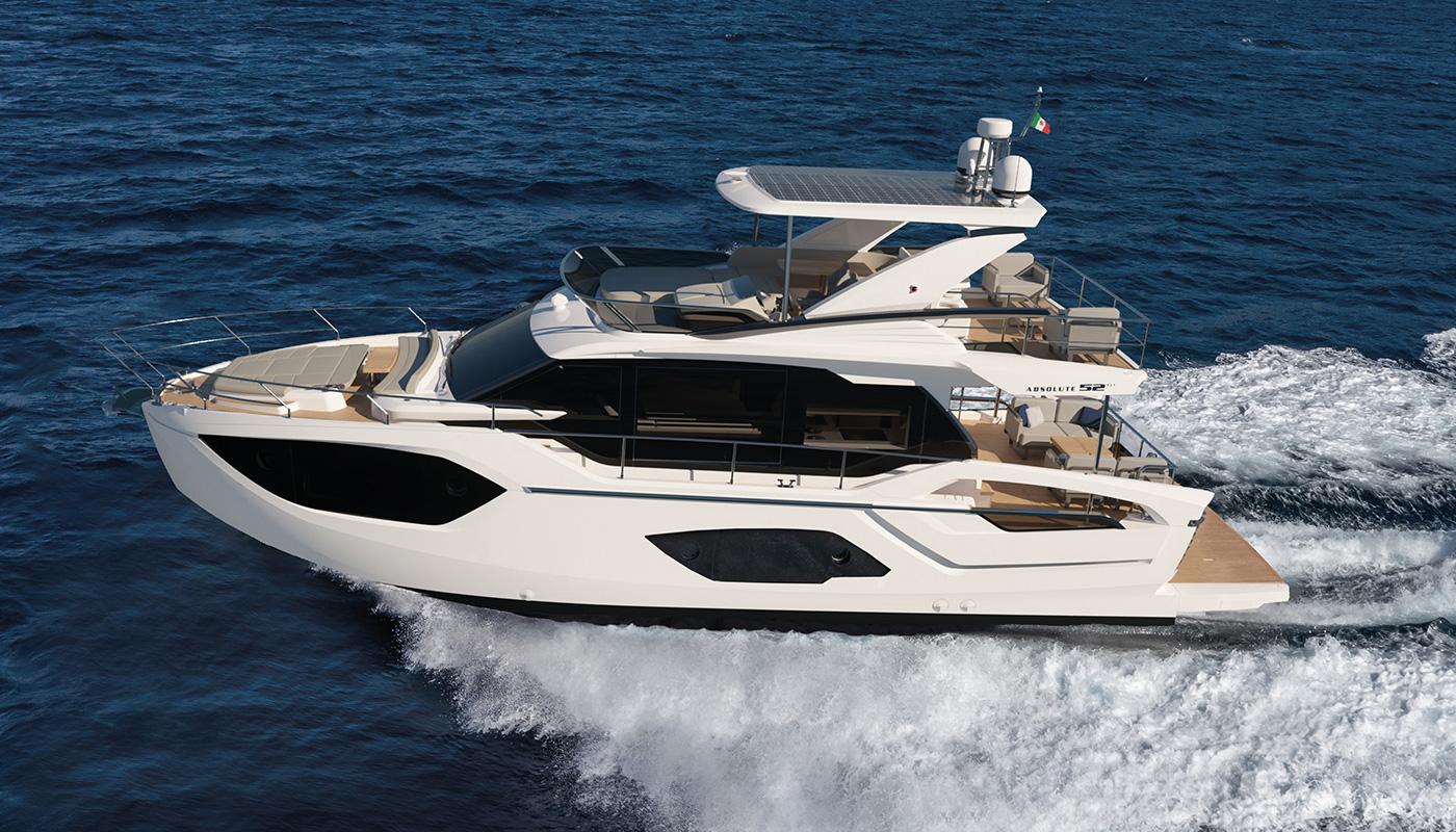 2025 Absolute 52 FLY yacht cruising on open sea, showcasing sleek design and luxury features.