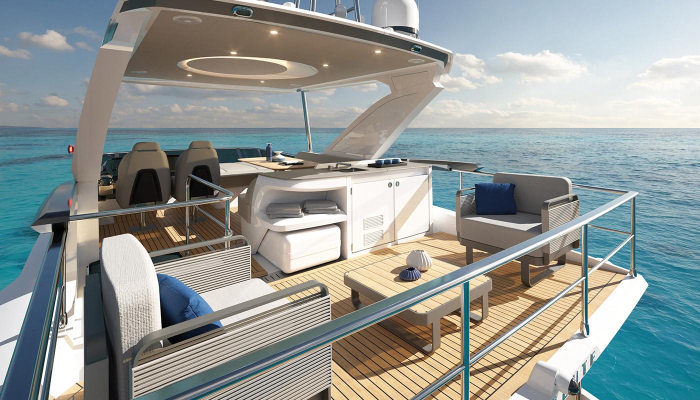 Luxurious 2025 Absolute 52 FLY yacht with elegant deck and ocean view.