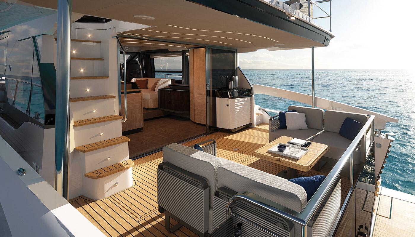 Luxurious 2025 Absolute 52 FLY yacht with elegant outdoor seating and ocean view.