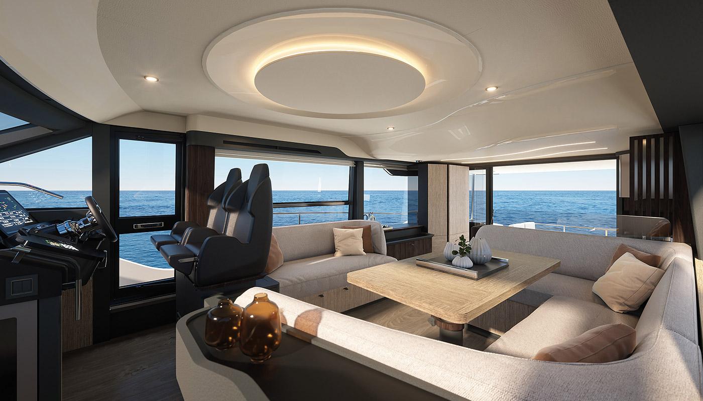 Luxurious interior of 2025 Absolute 52 FLY yacht with ocean view and modern furnishings.