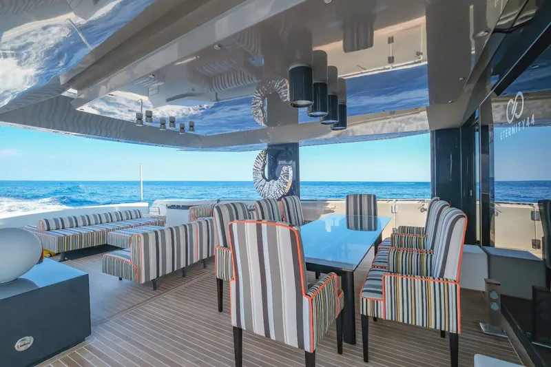 Eternity 44 Yacht Photos Pics Luxurious Arcadia Yachts 85, 2010 model, featuring elegant outdoor seating and dining area with ocean view.