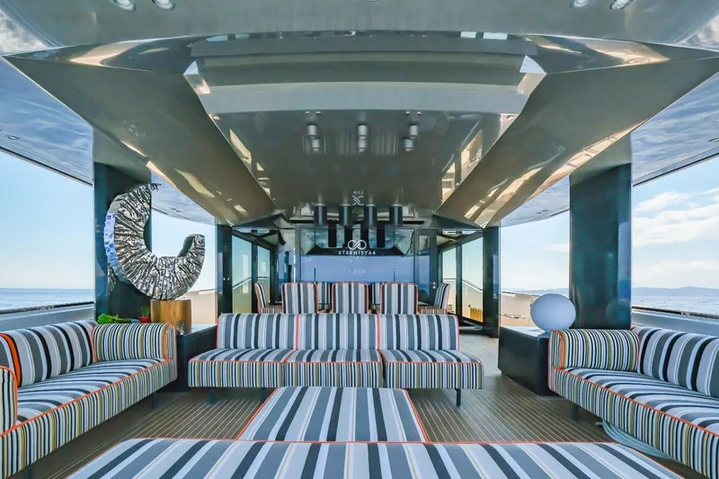 Eternity 44 Yacht Photos Pics Luxurious interior of 2010 Arcadia Yachts 85 with striped seating and modern decor.