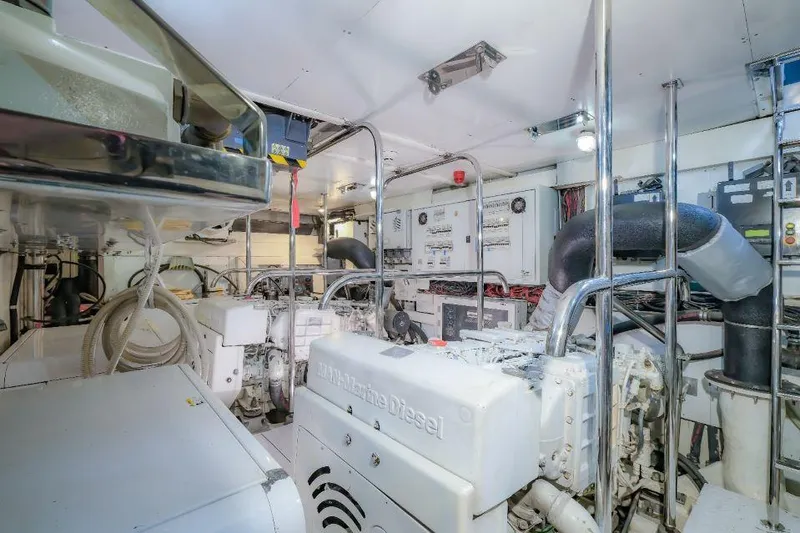Eternity 44 Yacht Photos Pics Engine room of 2010 Arcadia Yachts 85, featuring marine diesel engines and control panels.