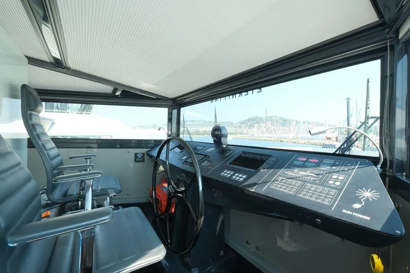 Eternity 44 Yacht Photos Pics Interior view of 2010 Arcadia Yachts 85 helm with modern controls and panoramic windows.