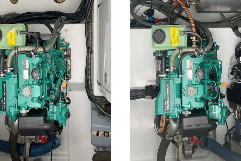  Yacht Photos Pics Engine room of 2017 Fountaine Pajot Lucia 40 catamaran with Volvo Penta engines.