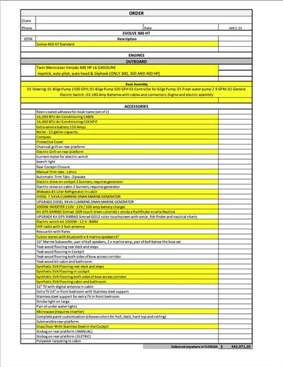 Elena Yacht Photos Pics Order form for Evolve 400HT, 2023 model, detailing specifications and accessories.