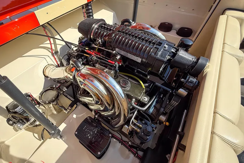  Yacht Photos Pics Engine of 2012 DCB 28 Extreme boat with chrome components and supercharger.