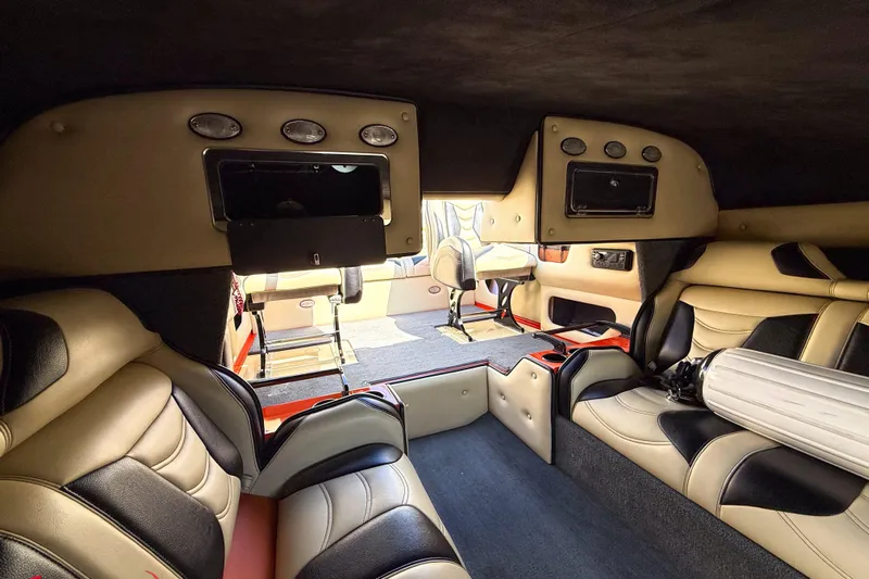  Yacht Photos Pics Luxurious interior of a 2012 DCB 28 Extreme boat with plush seating and modern design.