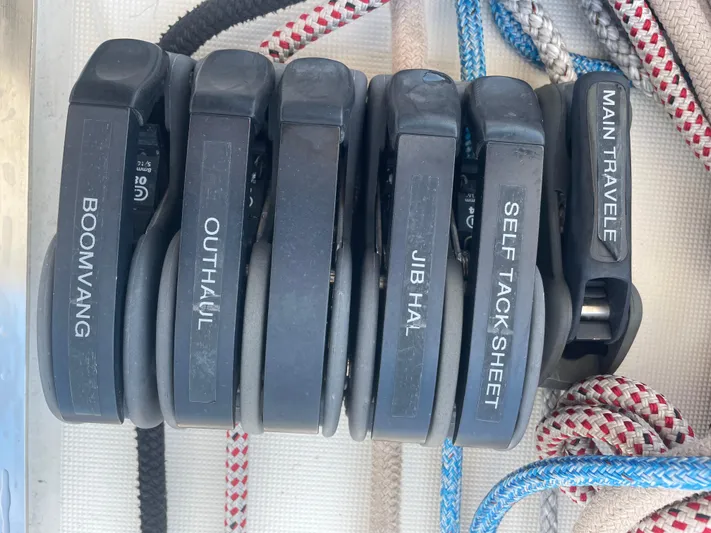 Send Me Yacht Photos Pics Sailing controls on a 2018 Dufour 460 Grand Large yacht, labeled for easy navigation.